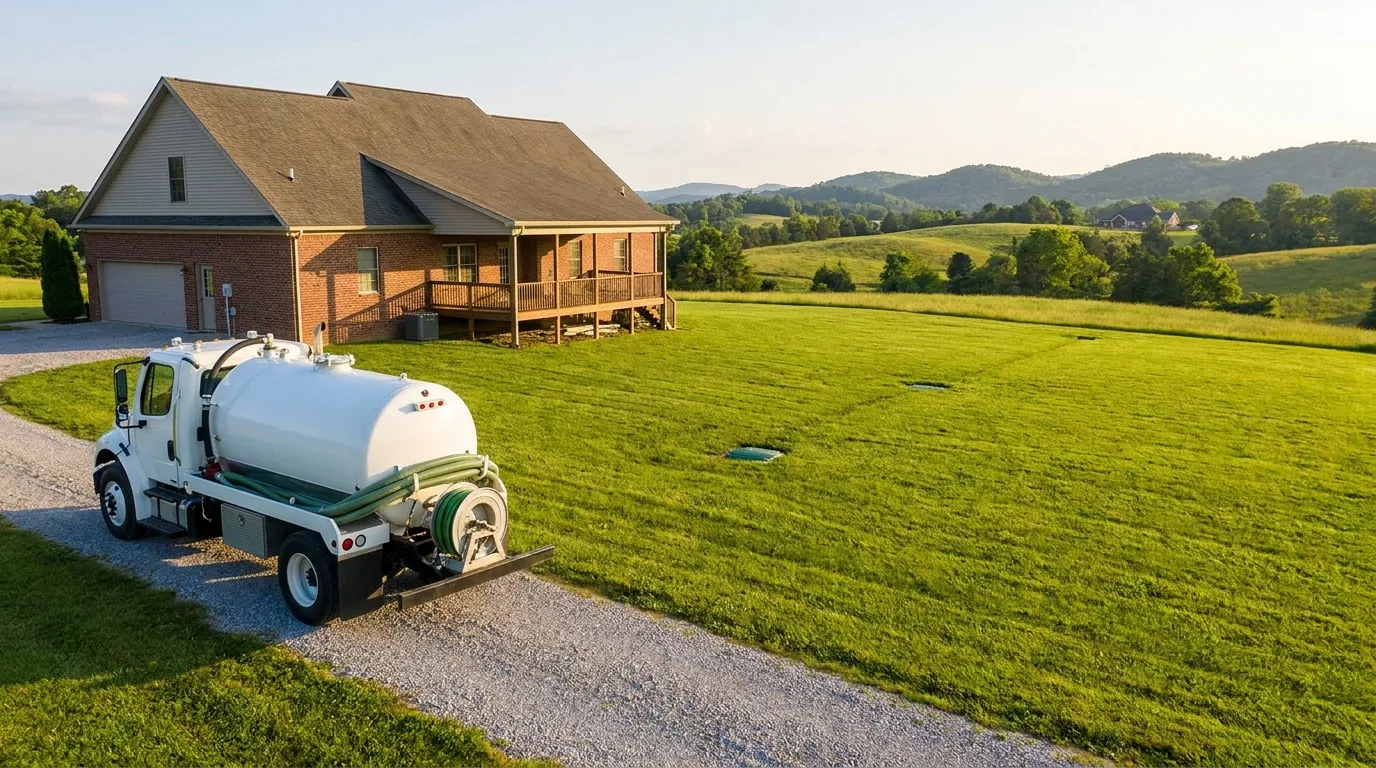 Grassy drain field area behind a Murfreesboro home