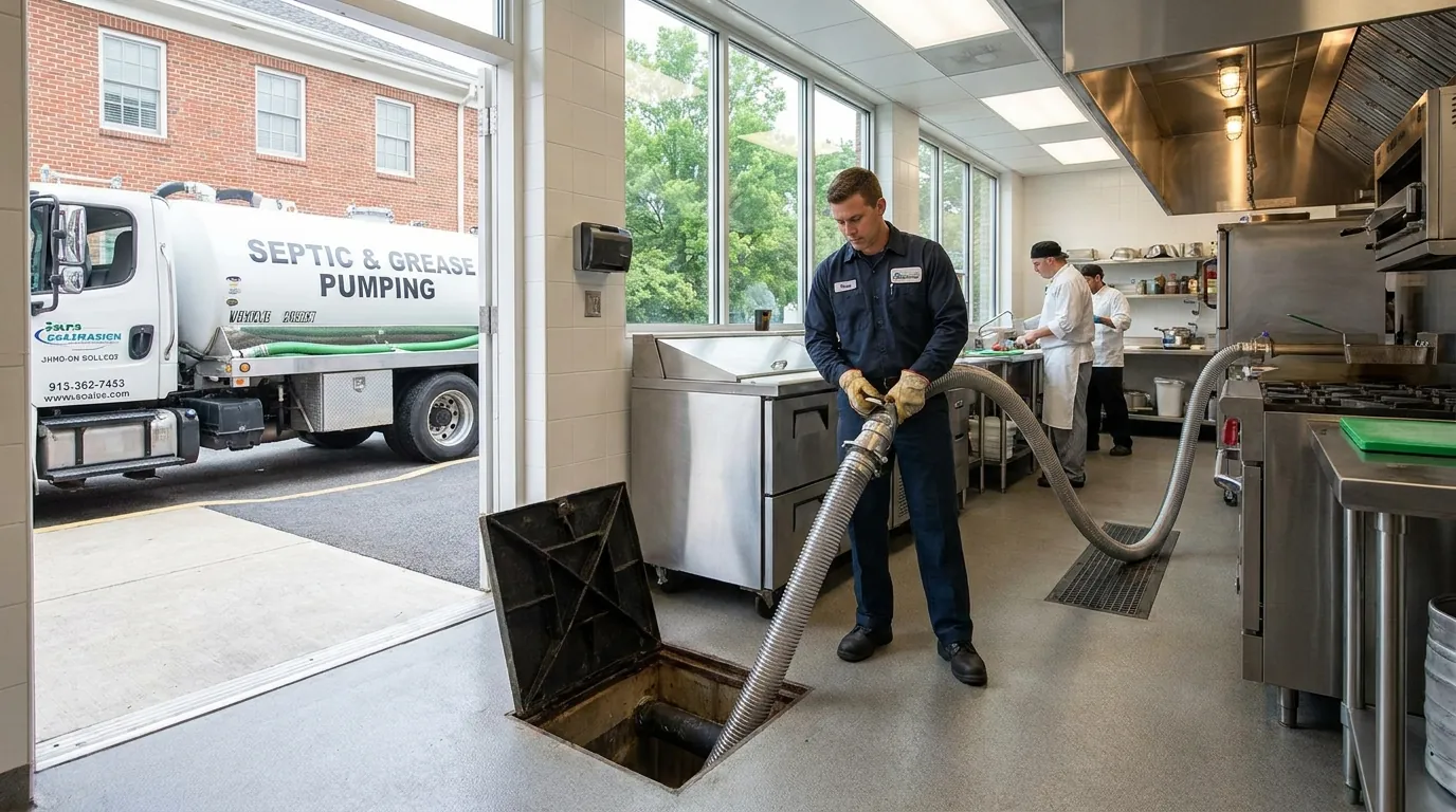 Grease trap being pumped at a commercial kitchen