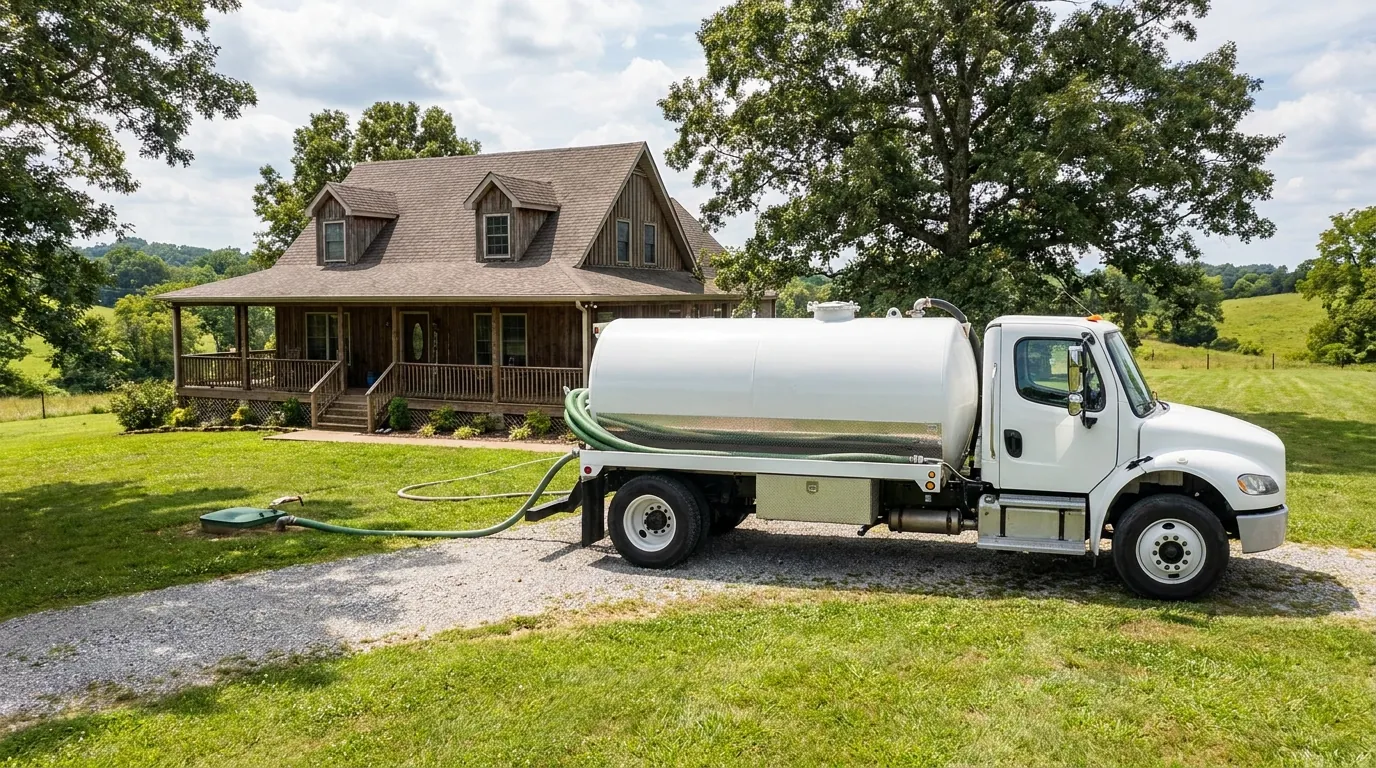 Septic service truck parked at a rural Murfreesboro home