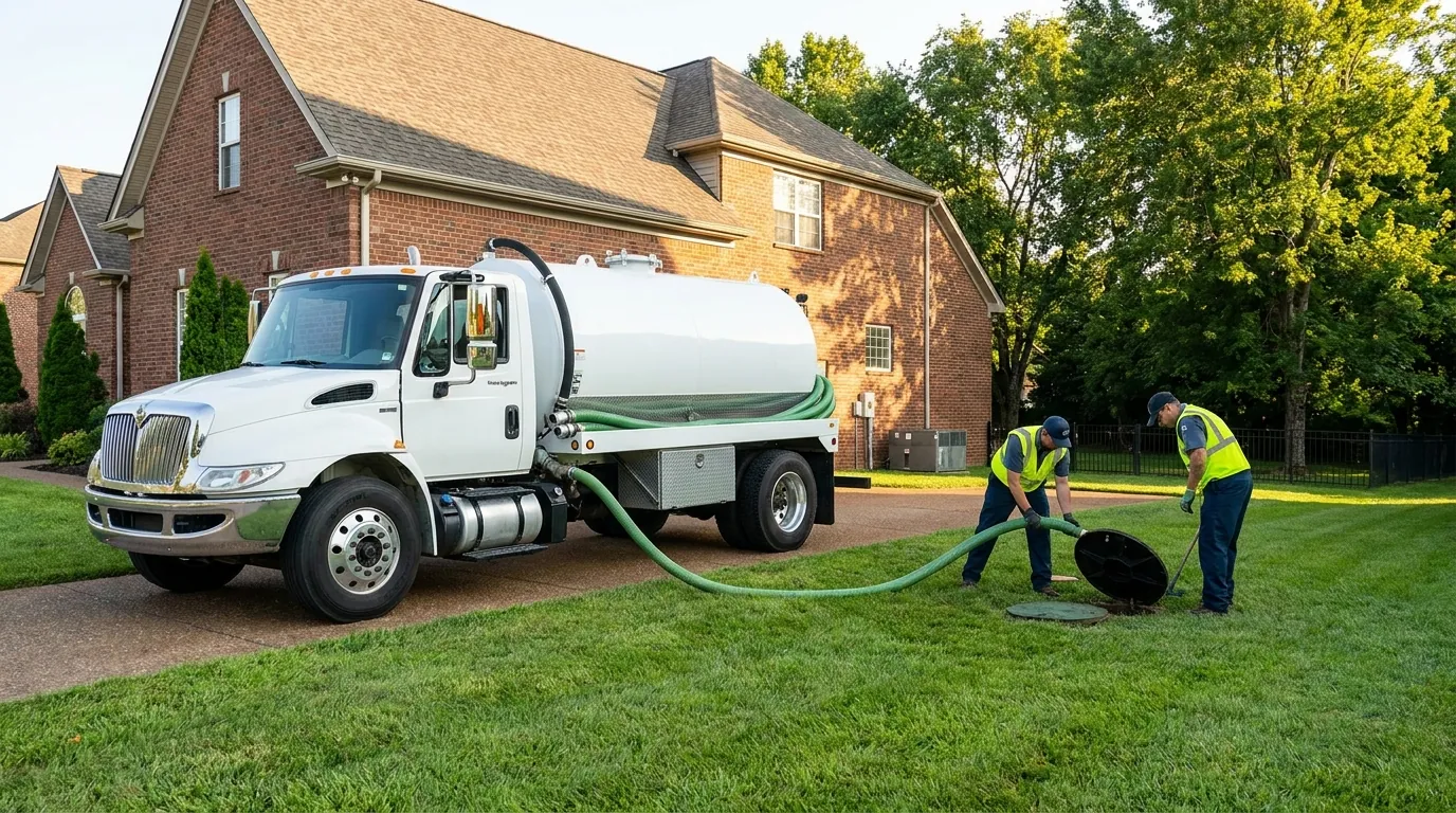 Septic service truck responding to a call at a home