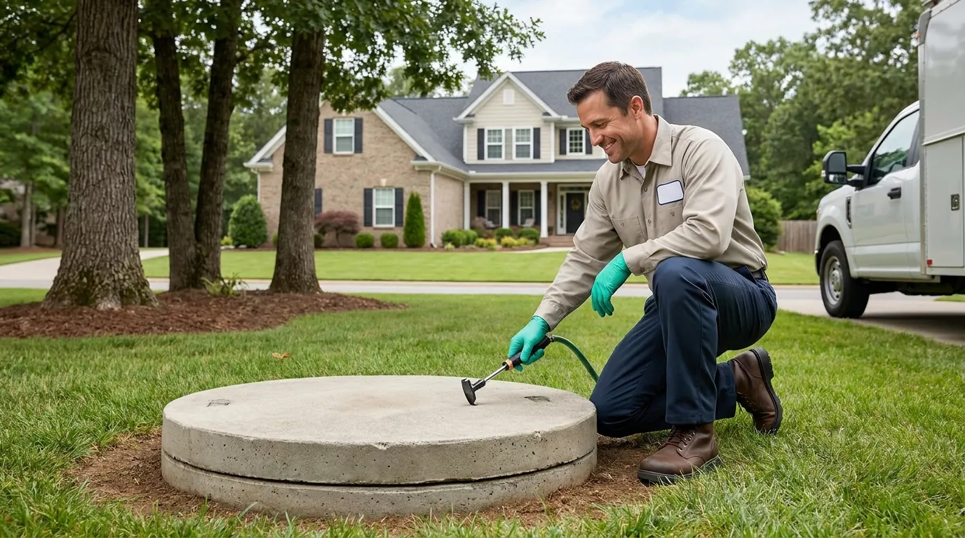 Technician inspecting a septic tank lid