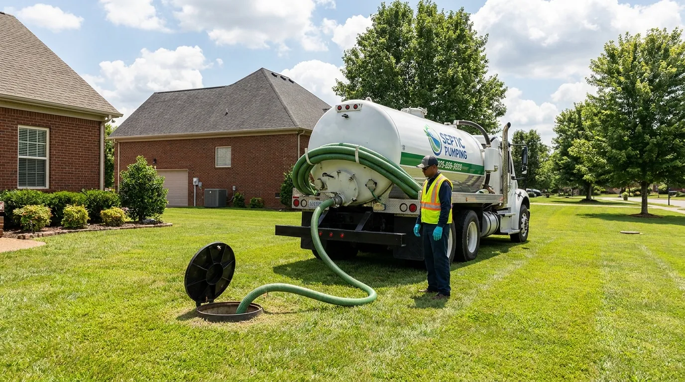 Hose pumping a residential septic tank in Murfreesboro